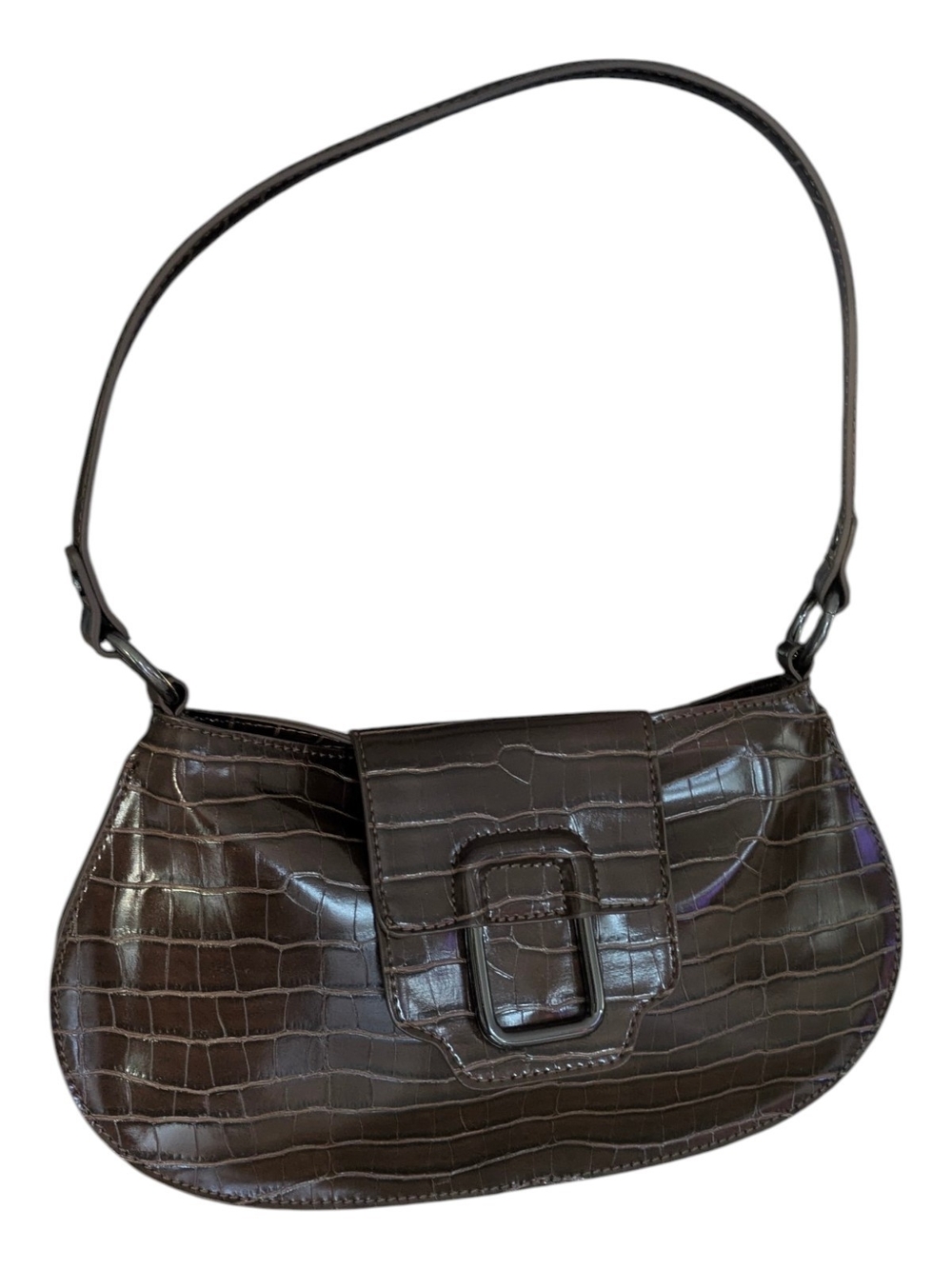Vintage Dark Brown Faux Croc Shoulder Bag – Patent Faux Leather – 90s/Y2K Style